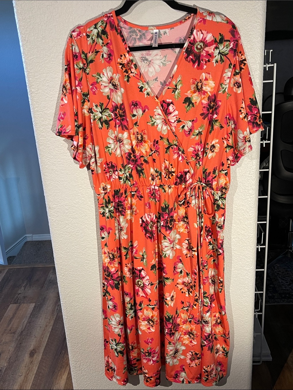 Floral Wrap Midi Dress in Coral Orange 2X